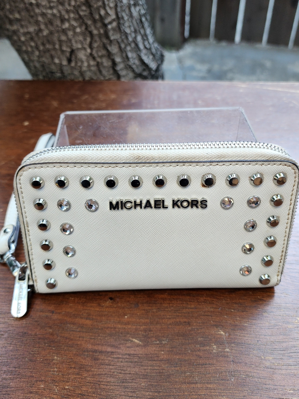 Michael Kors Jet Set Optic White Saffiano Leather Studded Zip Around Wallet